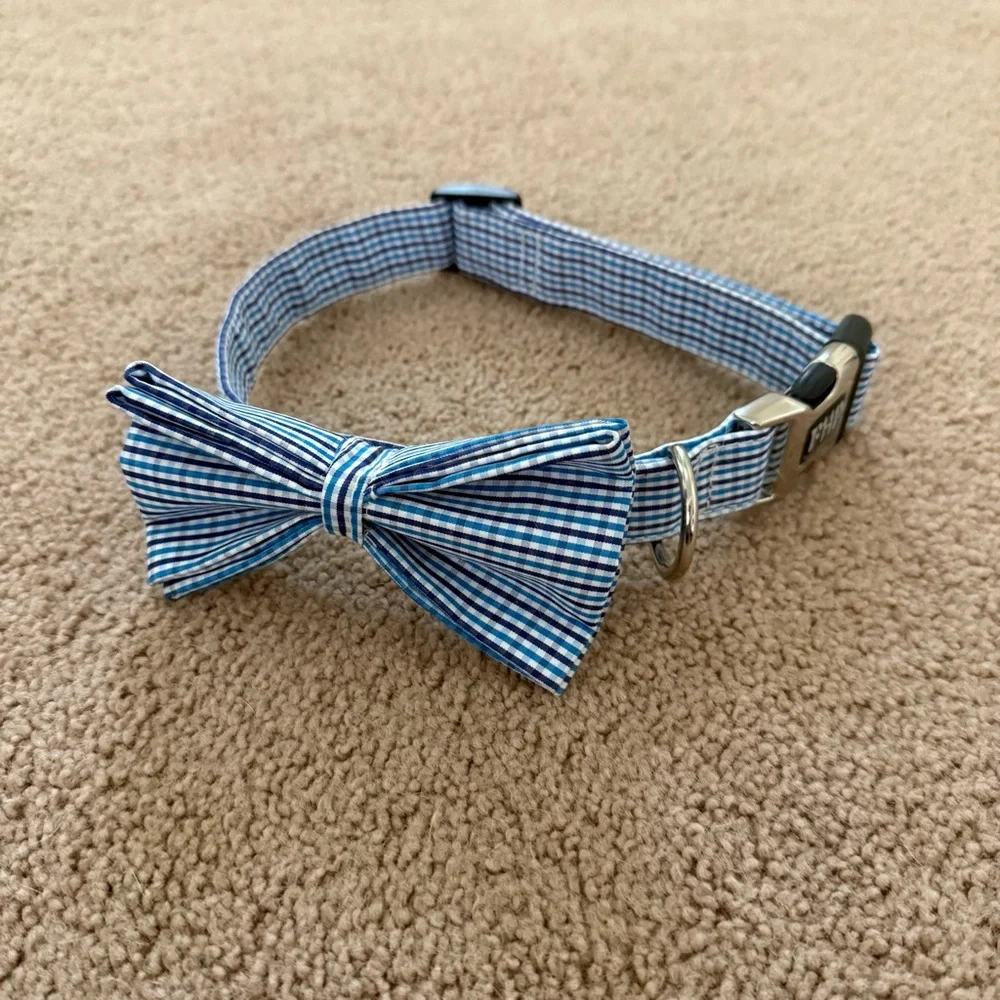 Blue Checkered Grid Dog Collar and Detachable Bow Tie Set - Adjustable - Large